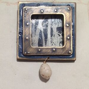 Artistic Square Brooch Lwith Blue and Gold Accents